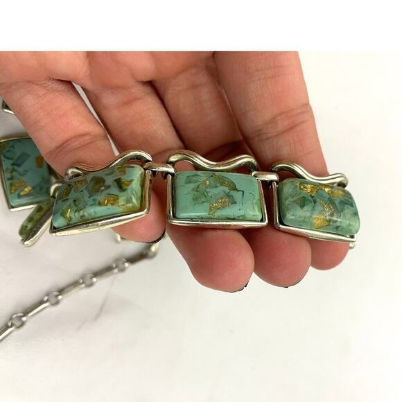VTG Coro Thermoset Necklace Choker 17" Turquoise & Gold Confetti Silver Tone 50s - Picture 15 of 16